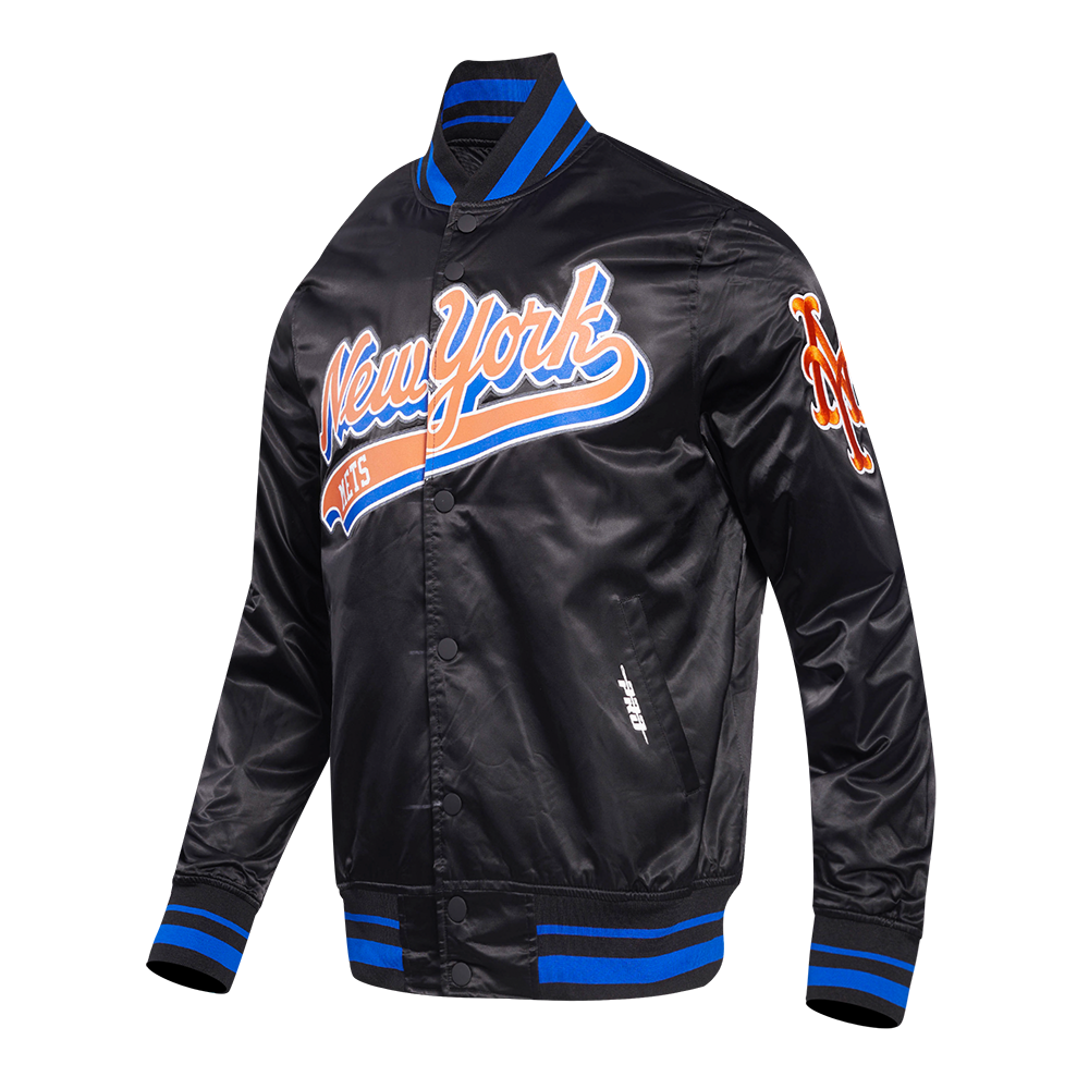 MLB NEW YORK METS SCRIPT TAIL MEN'S SATIN JACKET (BLACK/ROYAL BLUE/BLACK)