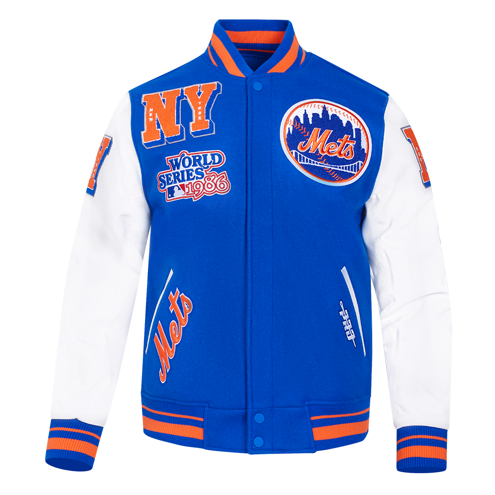 MLB NEW YORK METS MASH UP BLOUSON COLLÉGIAL EN LAINE À BORDS CÔTELÉS POUR HOMME (BLEU ROYAL/ORANGE/BLEU ROYAL)