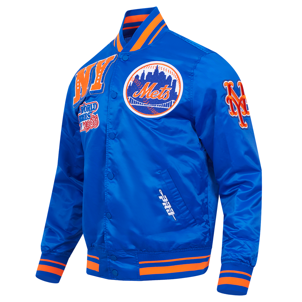 MLB NEW YORK METS MASH UP BLOUSON EN SATIN À BORDS CÔTELÉS POUR HOMME (BLEU ROYAL/ORANGE/BLEU ROYAL)