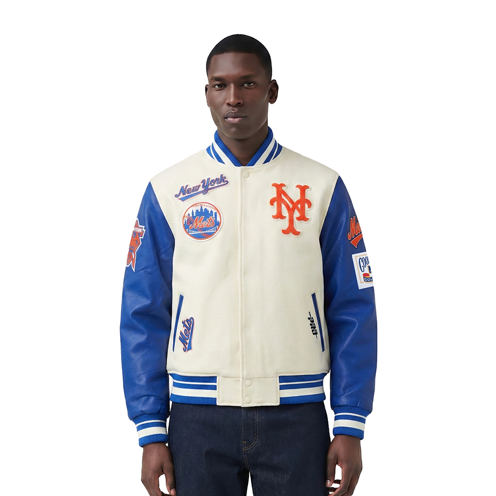 MLB NEW YORK METS RETRO CLASSICS MEN'S RIB WOOL VARSITY JACKET (EGGSHELL/ROYAL BLUE)