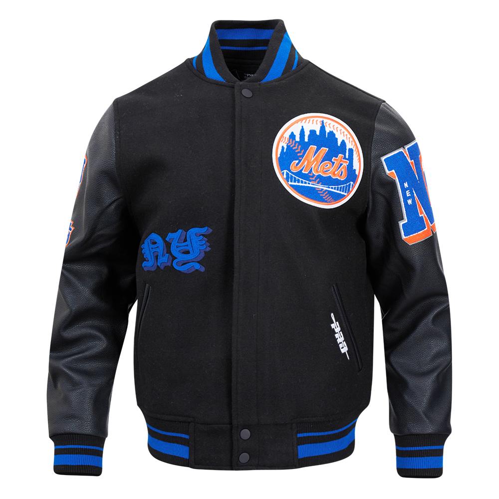 MLB NEW YORK METS OLD ENGLISH BLOUSON COLLÉGIAL EN LAINE À BORDS CÔTELÉS POUR HOMME (NOIR/BLEU ROYAL/NOIR)
