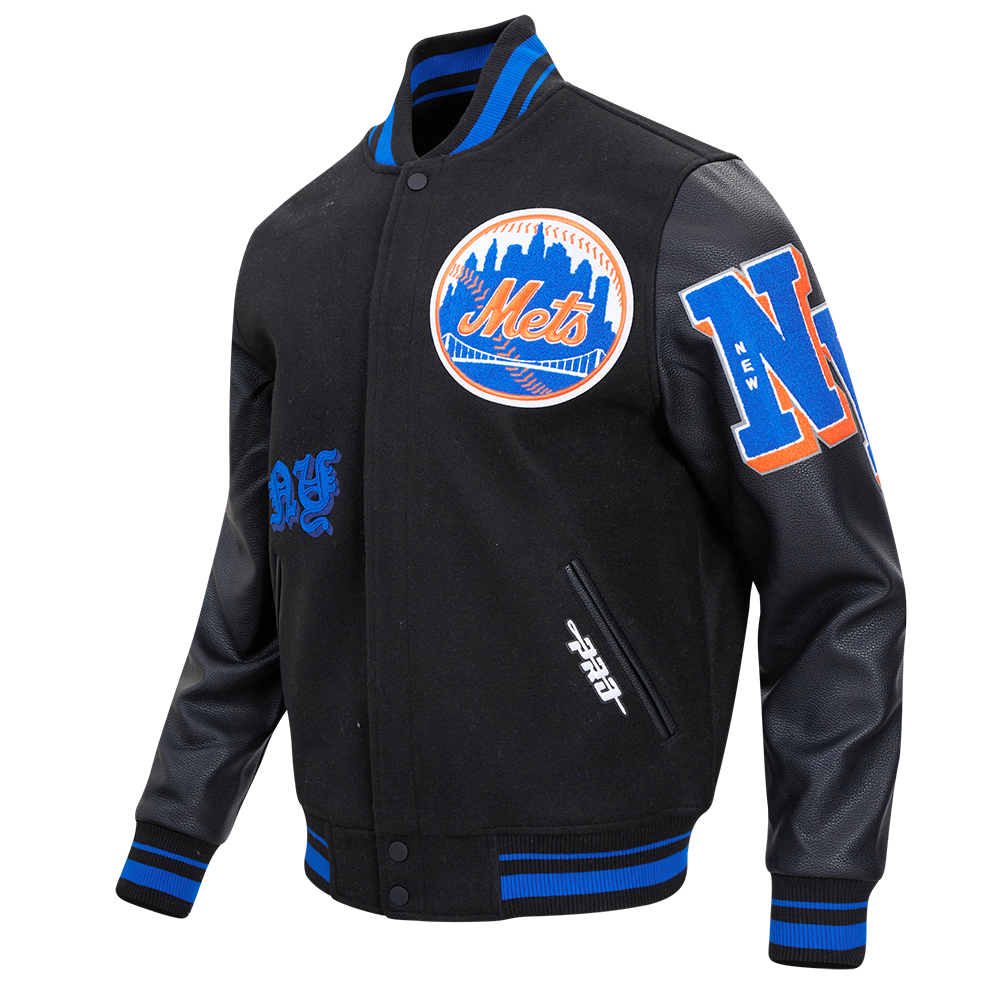 MLB NEW YORK METS OLD ENGLISH BLOUSON COLLÉGIAL EN LAINE À BORDS CÔTELÉS POUR HOMME (NOIR/BLEU ROYAL/NOIR)