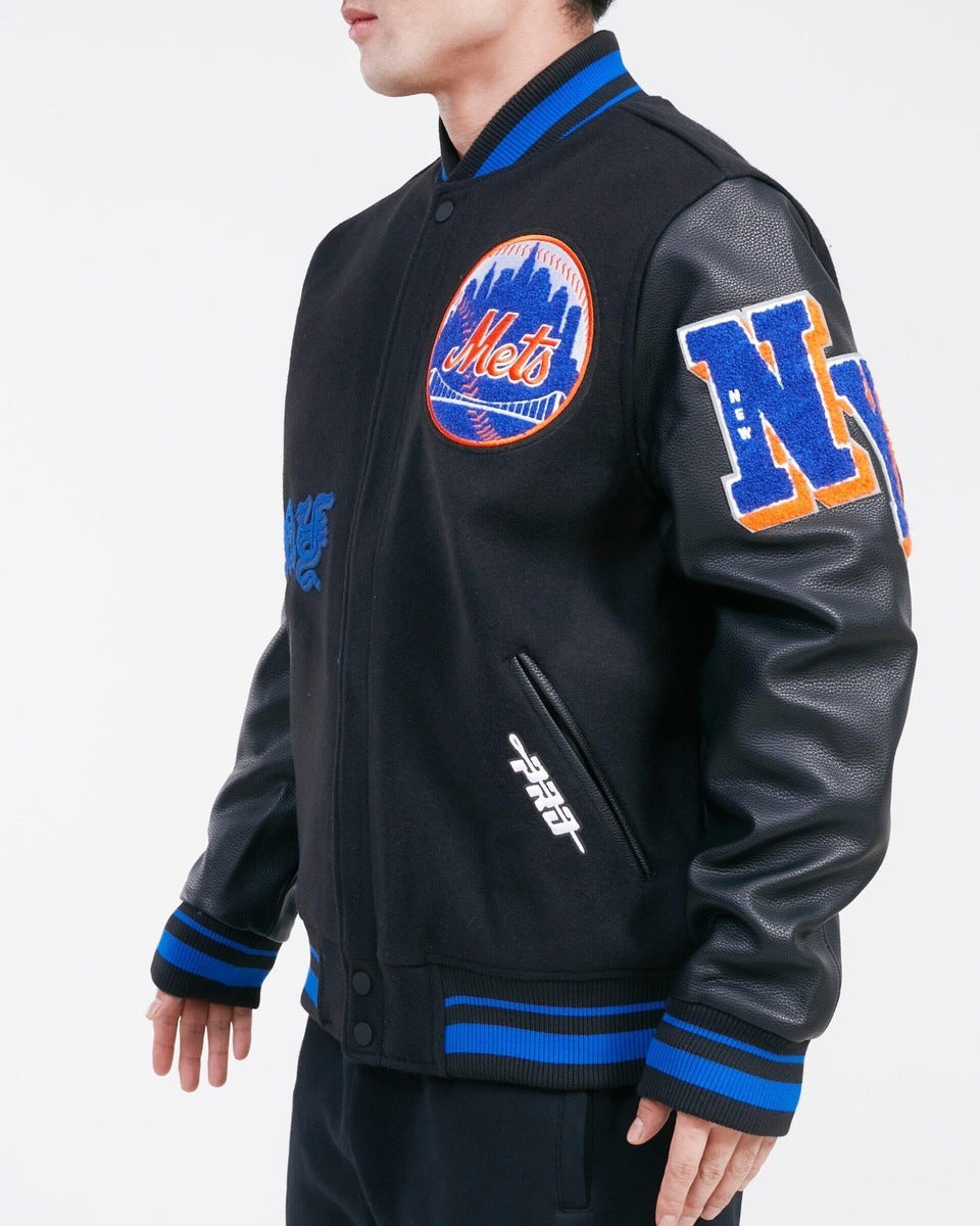 MLB NEW YORK METS OLD ENGLISH WOOL MEN'S VARSITY JACKET (BLACK / ROYAL BLUE)