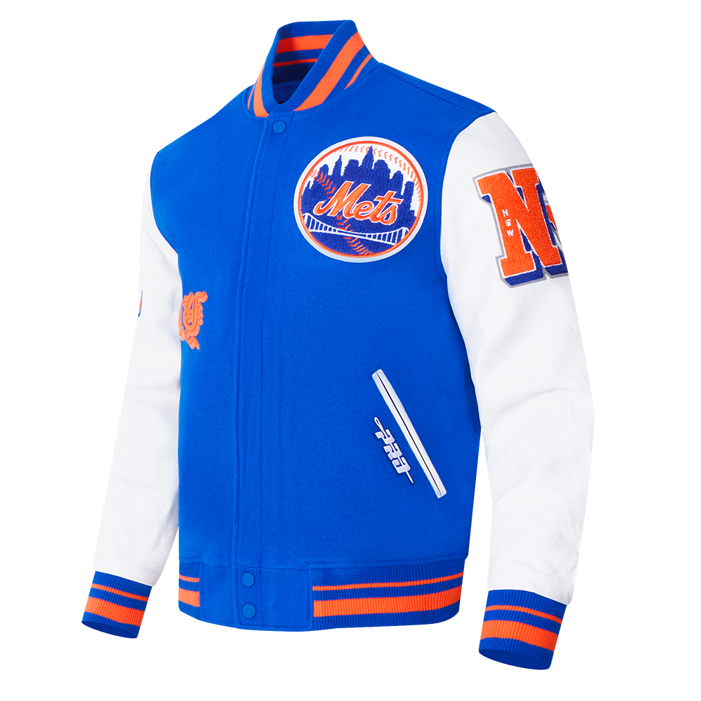 MLB NEW YORK METS OLD ENGLISH BLOUSON COLLÉGIAL EN LAINE À BORDS CÔTELÉS POUR HOMME (BLEU ROYAL/ORANGE/BLEU ROYAL)