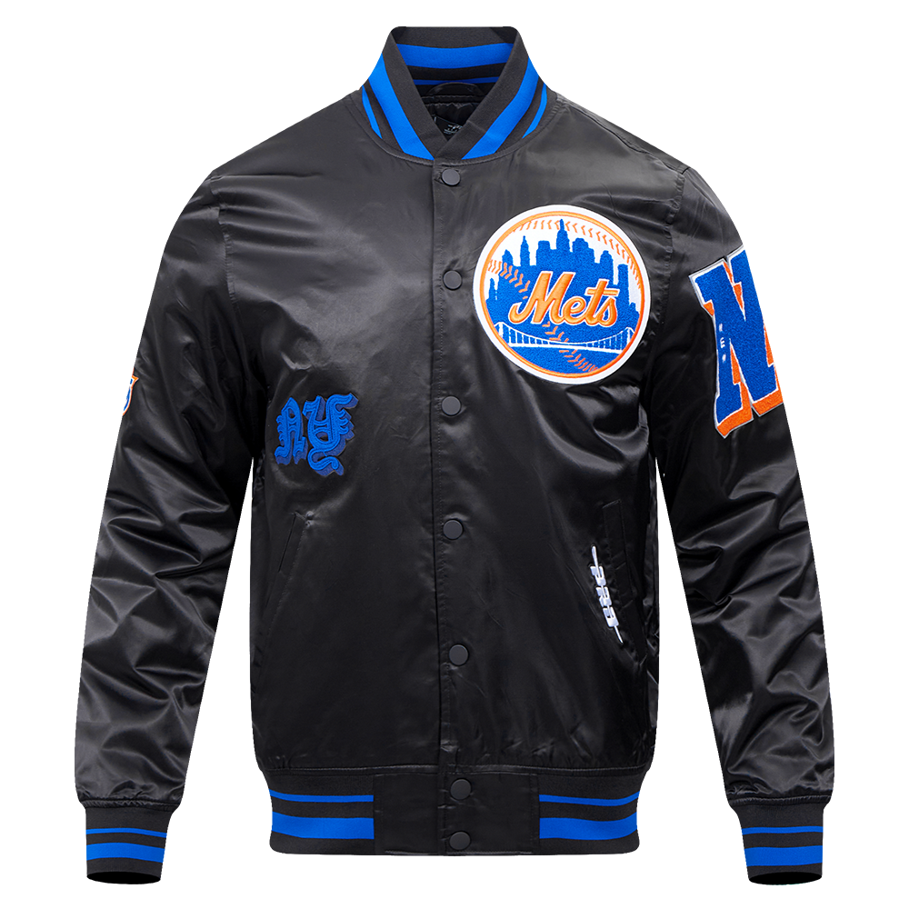 MLB NEW YORK METS OLD ENGLISH BLOUSON EN SATIN À BORDS CÔTELÉS POUR HOMME (NOIR/BLEU ROYAL/NOIR)