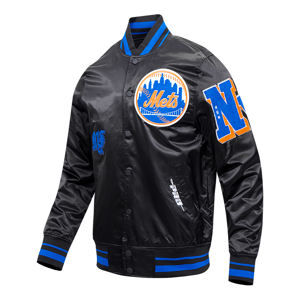MLB NEW YORK METS OLD ENGLISH BLOUSON EN SATIN À BORDS CÔTELÉS POUR HOMME (NOIR/BLEU ROYAL/NOIR)