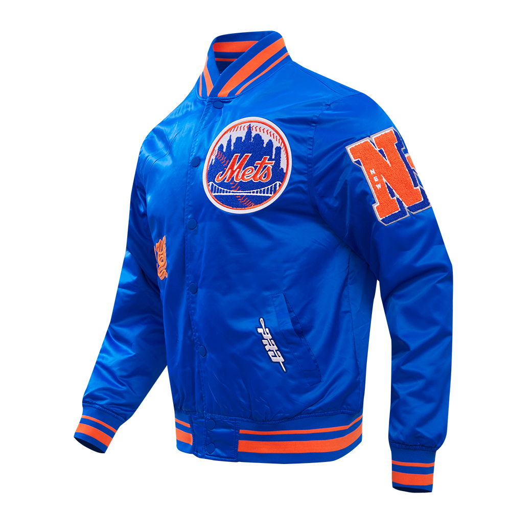 MLB NEW YORK METS OLD ENGLISH MEN'S RIB SATIN JACKET (ROYAL/ORANGE/ROYAL)