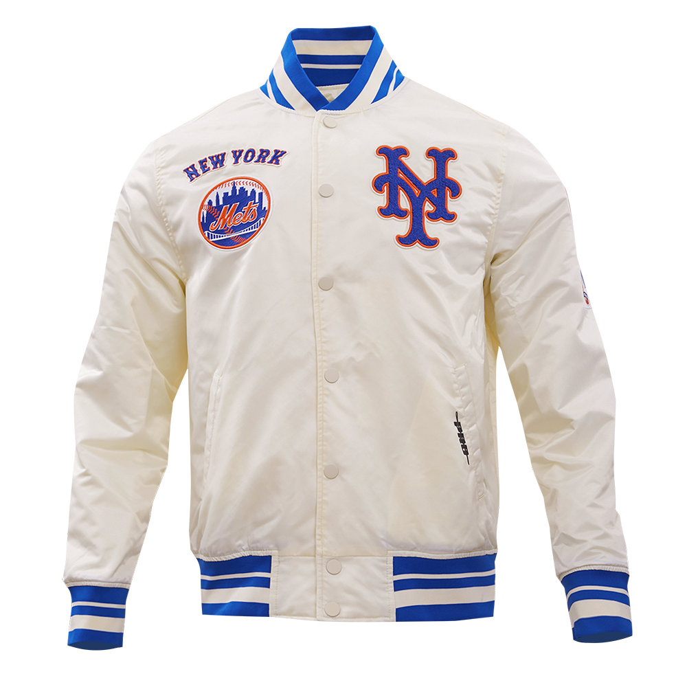 MLB NEW YORK METS RETRO CLASSIC BLOUSON EN SATIN À BORDS CÔTELÉS POUR HOMME (COQUILLE D'ŒUF/BLEU ROYAL)
