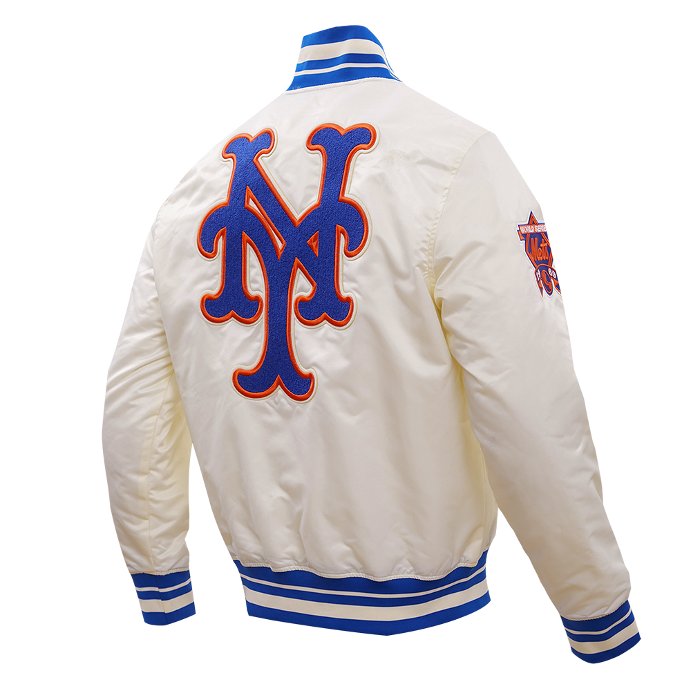 MLB NEW YORK METS RETRO CLASSIC BLOUSON EN SATIN À BORDS CÔTELÉS POUR HOMME (COQUILLE D'ŒUF/BLEU ROYAL)