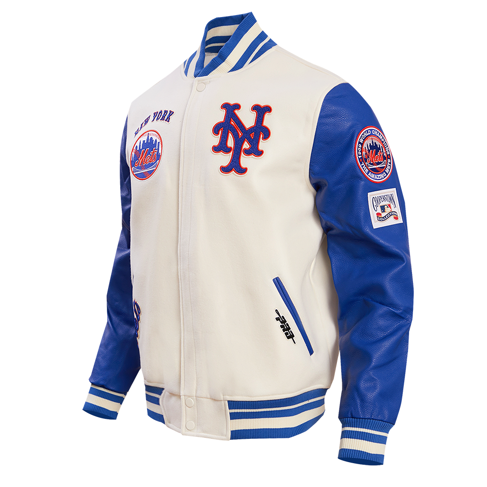 MLB NEW YORK METS RETRO CLASSIC MEN'S RIB WOOL VARSITY JACKET (EGGSHELL/ ROYAL BLUE)