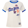 MLB NEW YORK METS RETRO CASCADE T-SHIRT À BORDURES CONTRASTANTES POUR FEMME (COQUILLE D'ŒUF/BLEU ROYAL)