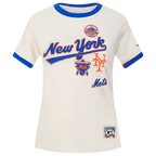 MLB NEW YORK METS RETRO CASCADE T-SHIRT À BORDURES CONTRASTANTES POUR FEMME (COQUILLE D'ŒUF/BLEU ROYAL)