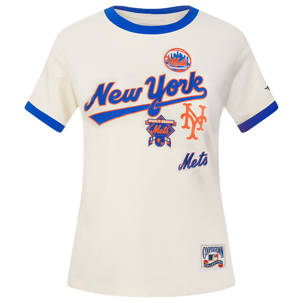 MLB NEW YORK METS RETRO CASCADE T-SHIRT À BORDURES CONTRASTANTES POUR FEMME (COQUILLE D'ŒUF/BLEU ROYAL)