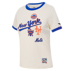 MLB NEW YORK METS RETRO CASCADE T-SHIRT À BORDURES CONTRASTANTES POUR FEMME (COQUILLE D'ŒUF/BLEU ROYAL)