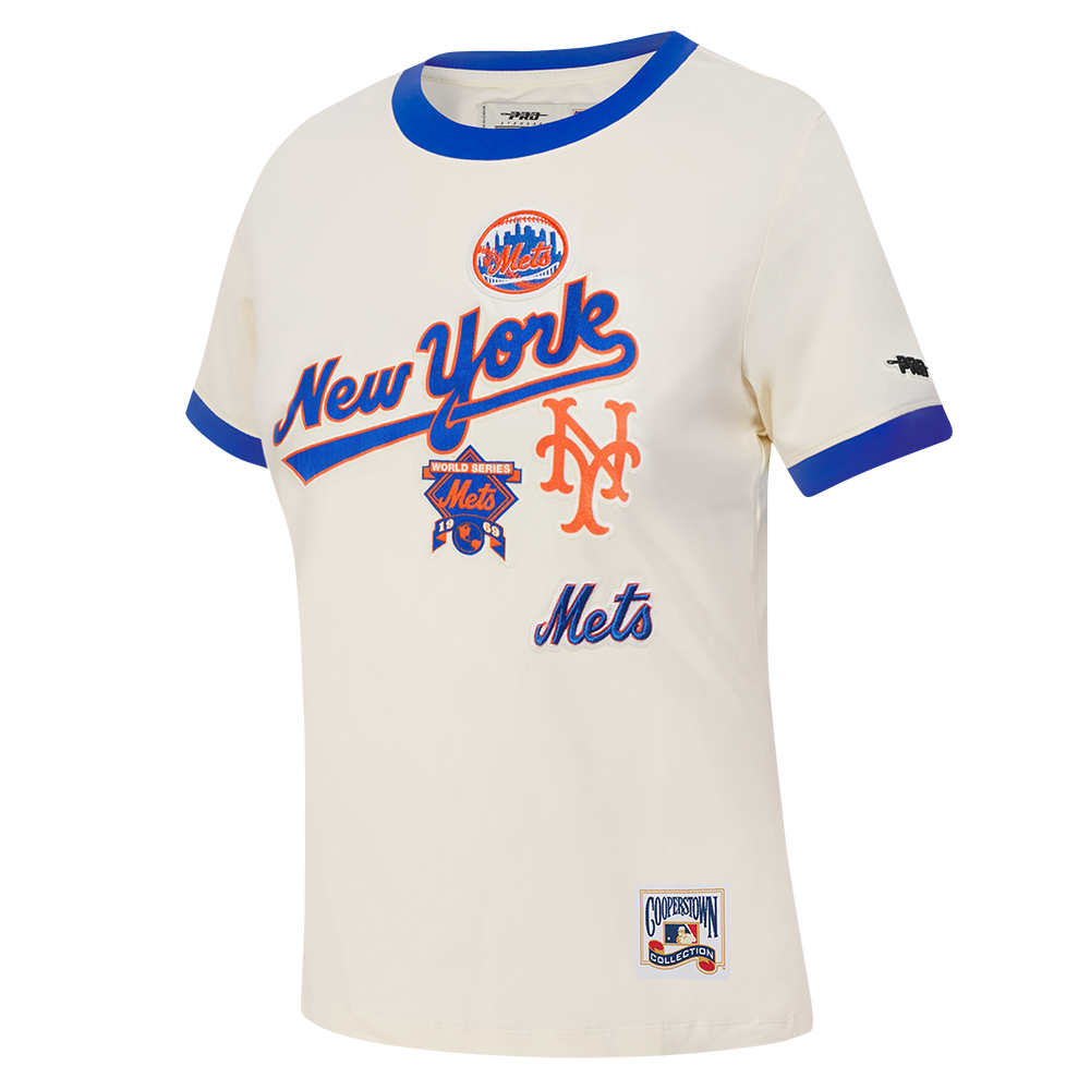 MLB NEW YORK METS RETRO CASCADE T-SHIRT À BORDURES CONTRASTANTES POUR FEMME (COQUILLE D'ŒUF/BLEU ROYAL)