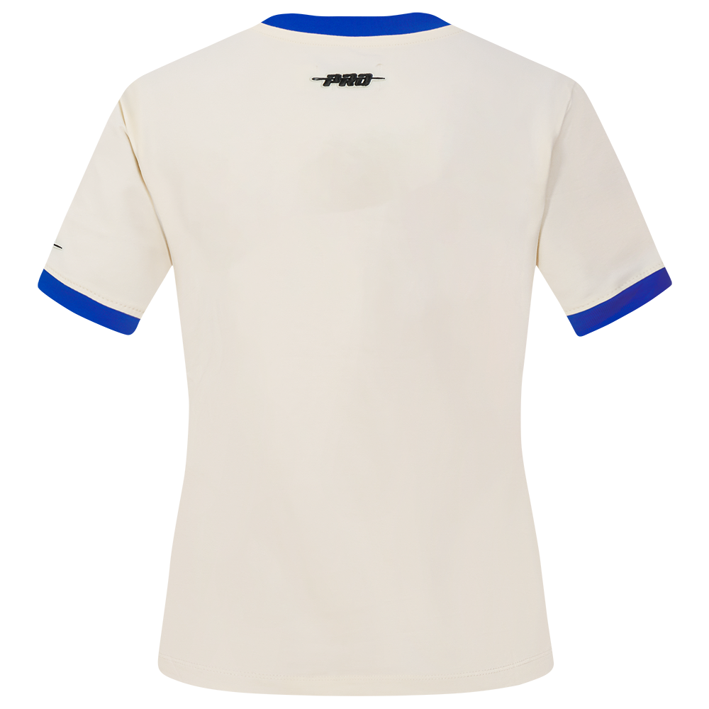 MLB NEW YORK METS RETRO CASCADE T-SHIRT À BORDURES CONTRASTANTES POUR FEMME (COQUILLE D'ŒUF/BLEU ROYAL)