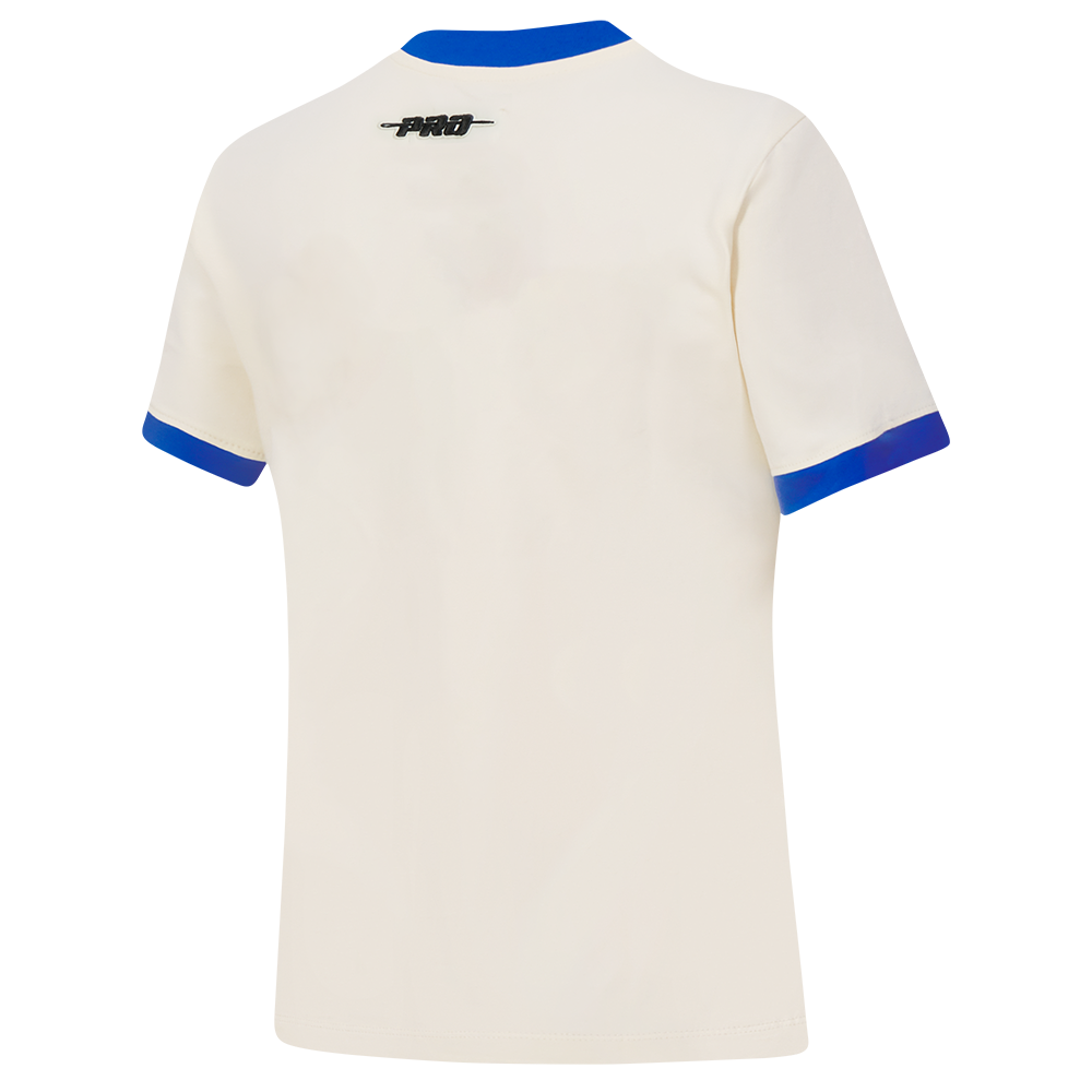 MLB NEW YORK METS RETRO CASCADE T-SHIRT À BORDURES CONTRASTANTES POUR FEMME (COQUILLE D'ŒUF/BLEU ROYAL)