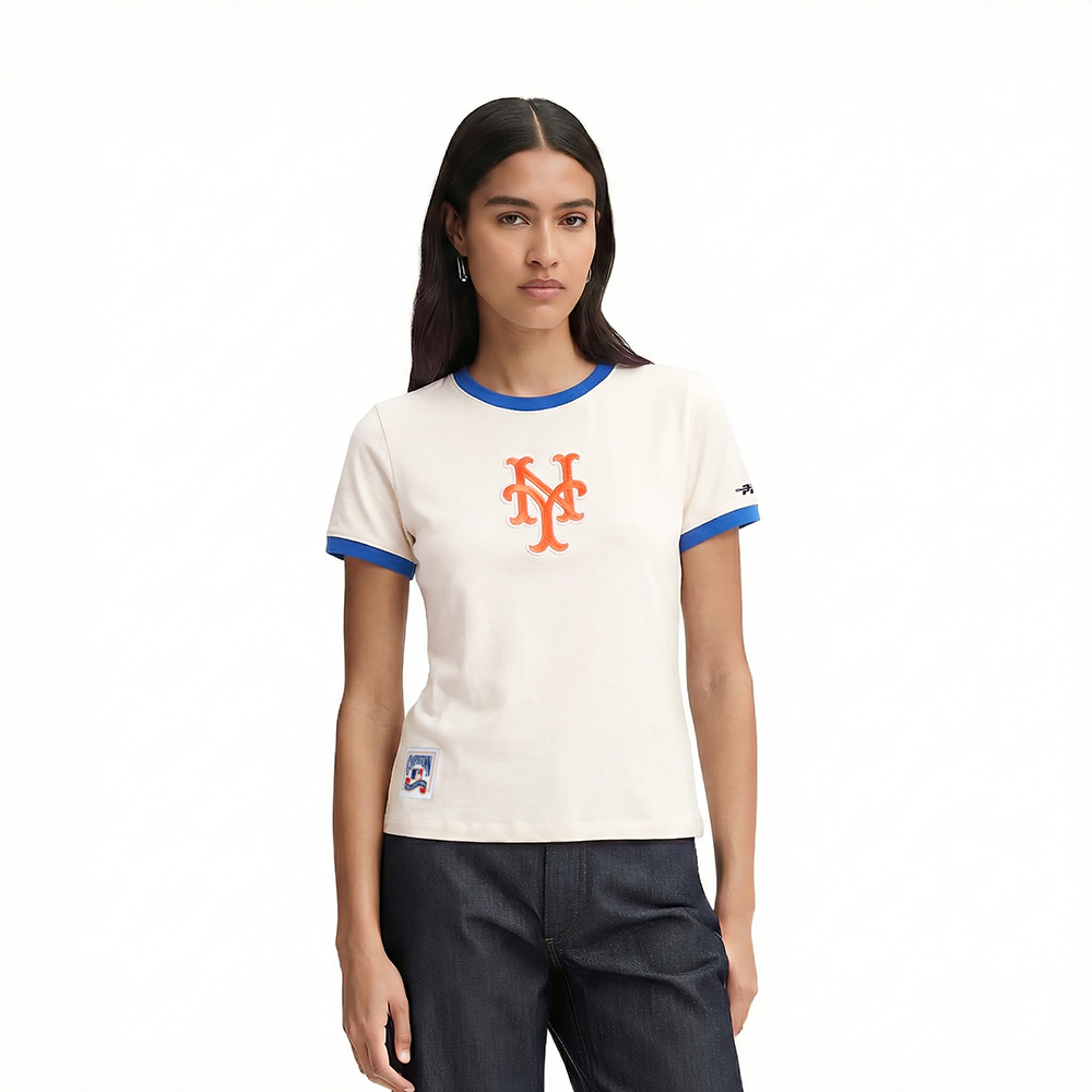 MLB NEW YORK METS RETRO CLASSICS HAUT À BORDURES CONTRASTANTES POUR FEMME (COQUILLE D'ŒUF/BLEU ROYAL)