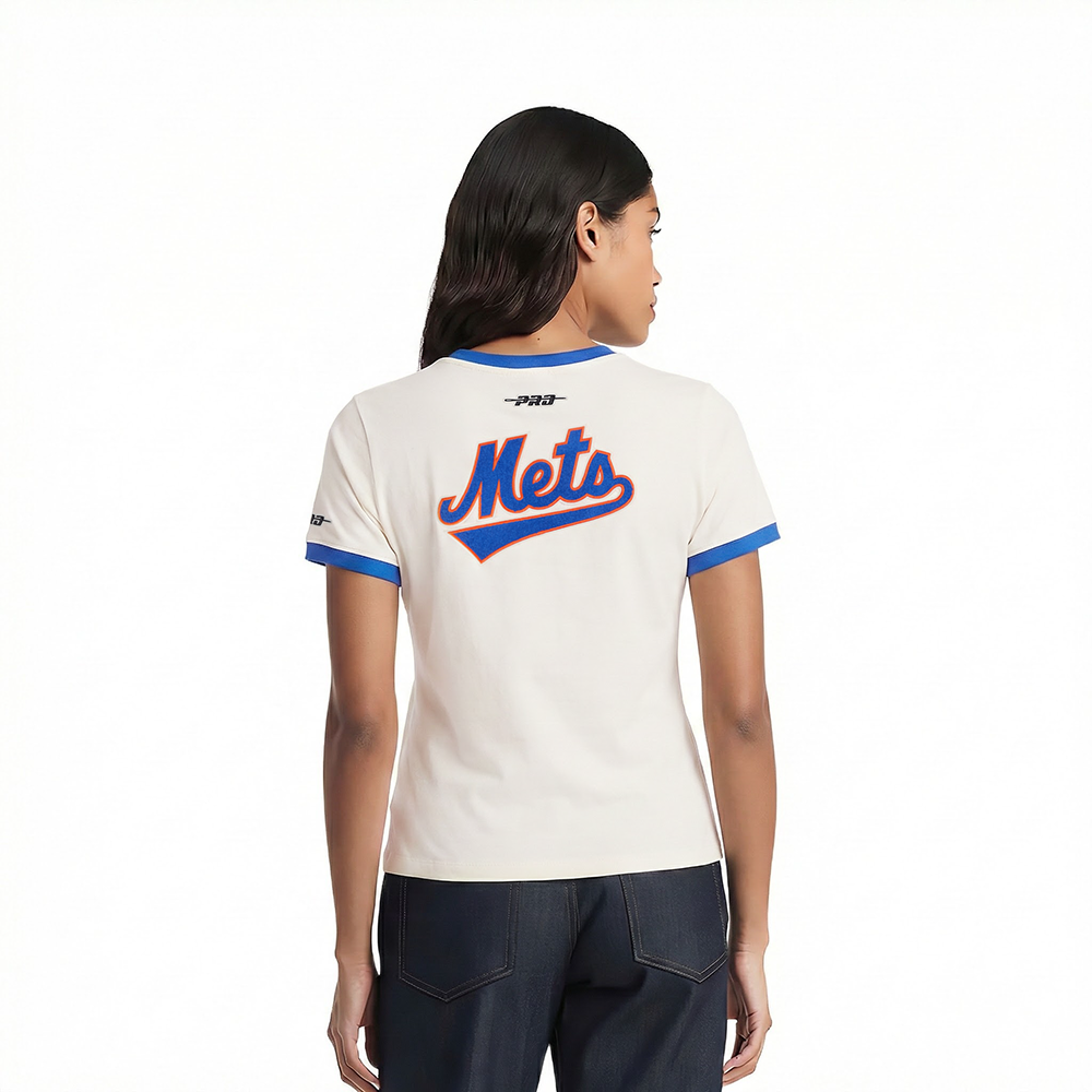 MLB NEW YORK METS RETRO CLASSICS HAUT À BORDURES CONTRASTANTES POUR FEMME (COQUILLE D'ŒUF/BLEU ROYAL)
