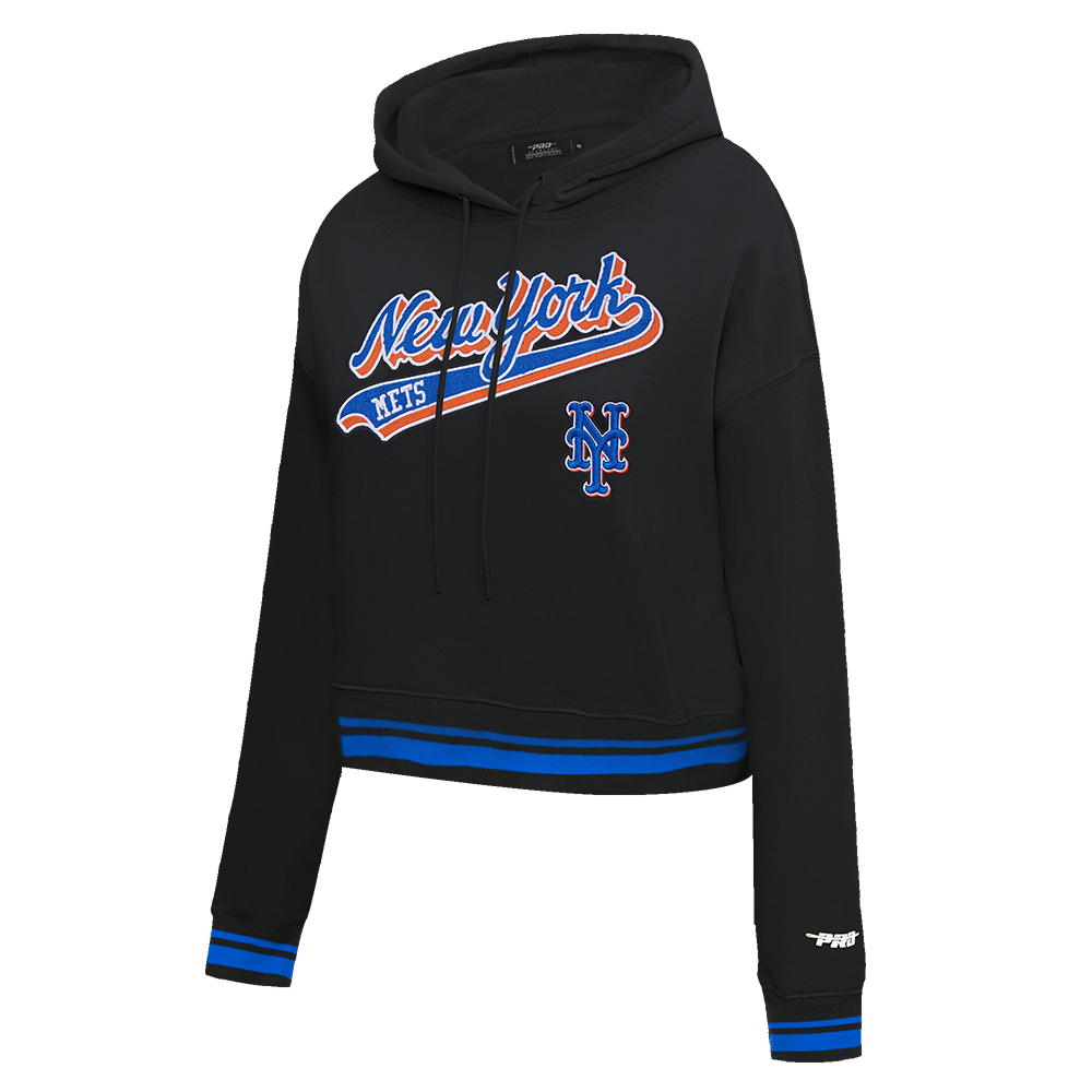 MLB NEW YORK METS SCRIPT TAIL WOMEN'S RIB FLEECE CROPPED PULLOVER HOODIE (BLACK/ROYAL BLUE/BLACK)