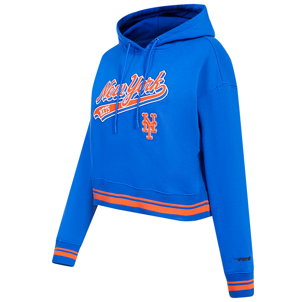 MLB NEW YORK METS SCRIPT TAIL WOMEN'S RIB FLEECE CROPPED PULLOVER HOODIE (ROYAL/ORANGE/ROYAL)