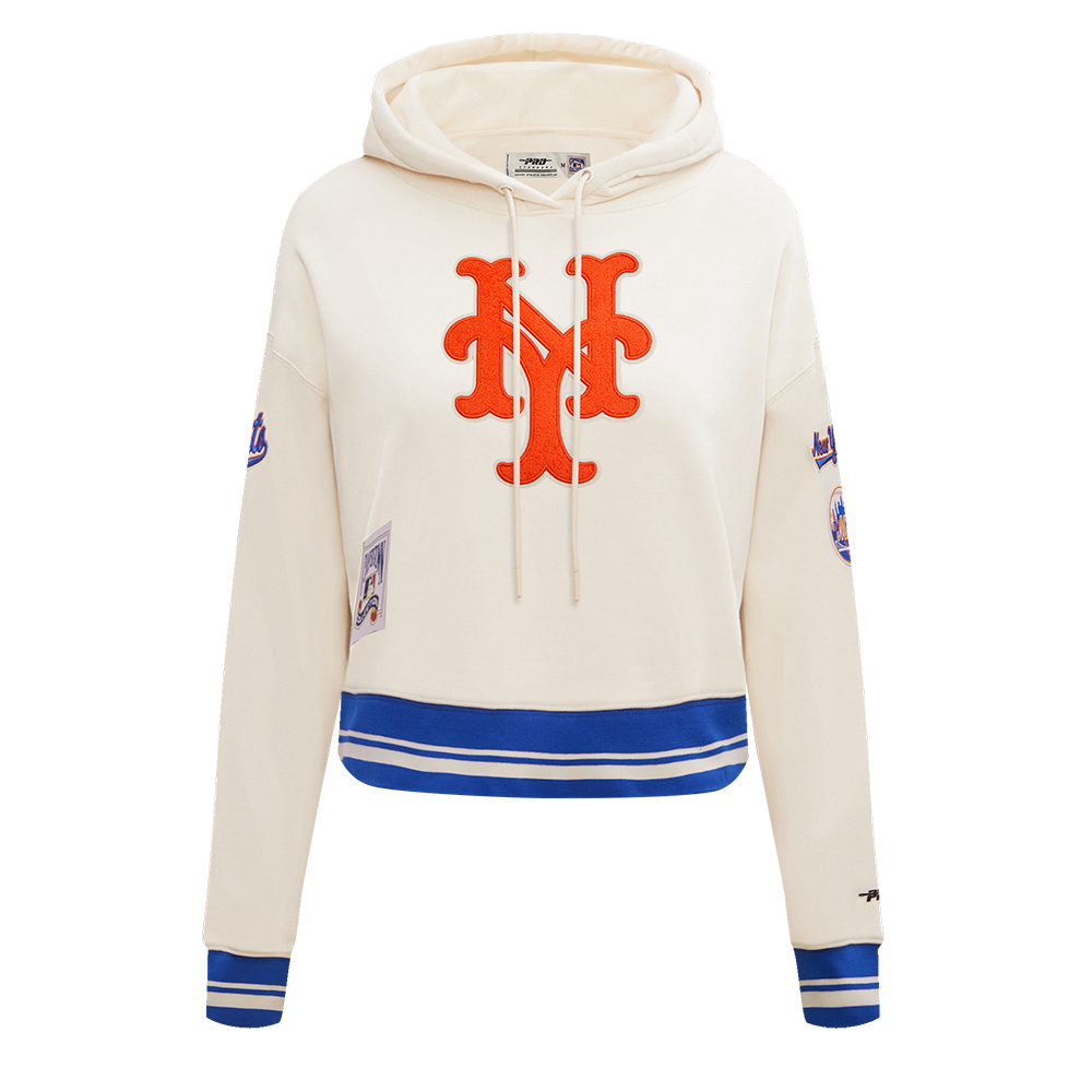 MLB NEW YORK METS RETRO CLASSIC CHANDAIL À CAPUCHON COURT CÔTELÉ POUR FEMME (COQUILLE D'ŒUF/BLEU ROYAL)