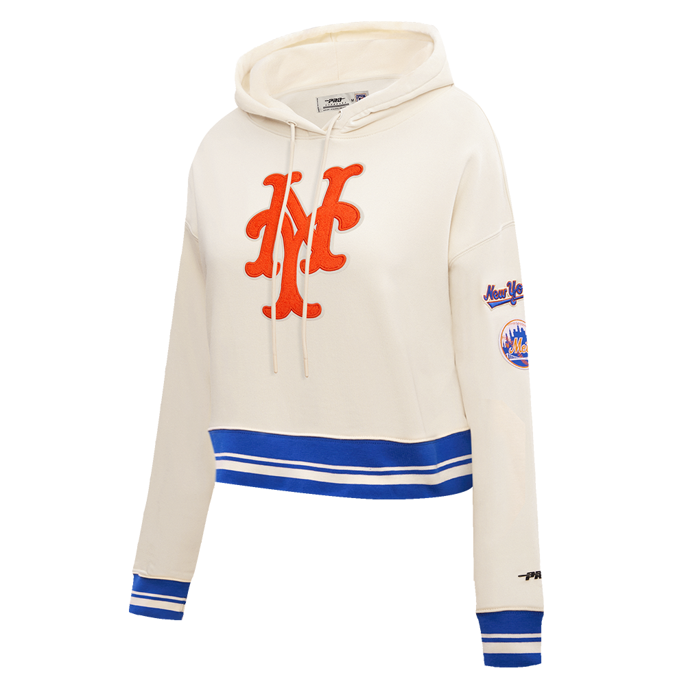 MLB NEW YORK METS RETRO CLASSIC WOMEN'S RIB CROPPED PULLOVER HOODIE (EGGSHELL/ROYAL BLUE)