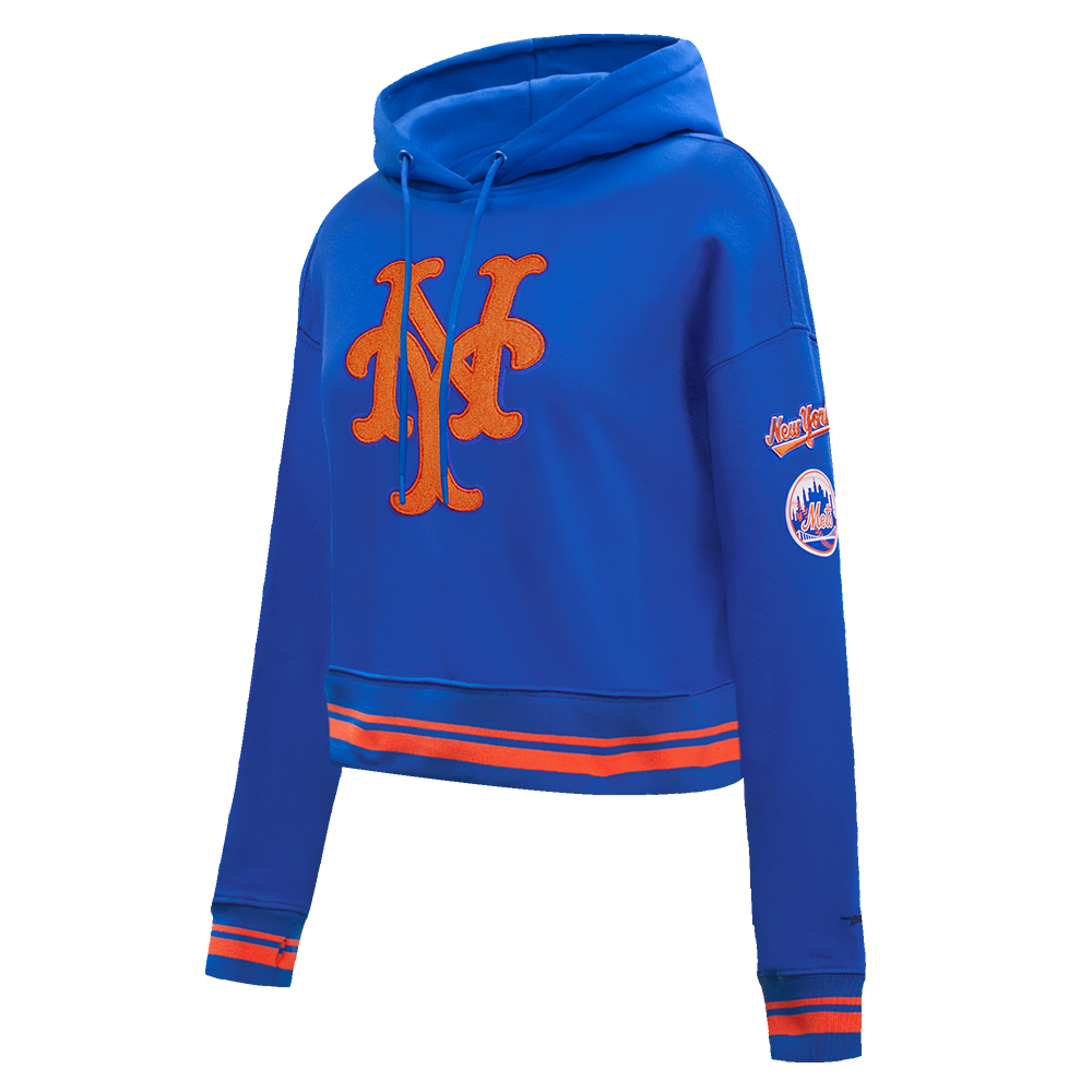 MLB NEW YORK METS RETRO CLASSIC WOMEN'S RIB CROPPED PULLOVER HOODIE (ROYAL/ORANGE/ROYAL)