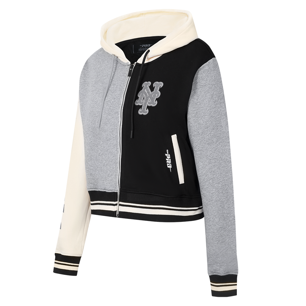 MLB NEW YORK METS REVERSE FRENCH TERRY WOMEN'S COLOR BLOCK FLEECE FULL ZIP HOODIE (BLACK/GRAY/EGGSHELL)