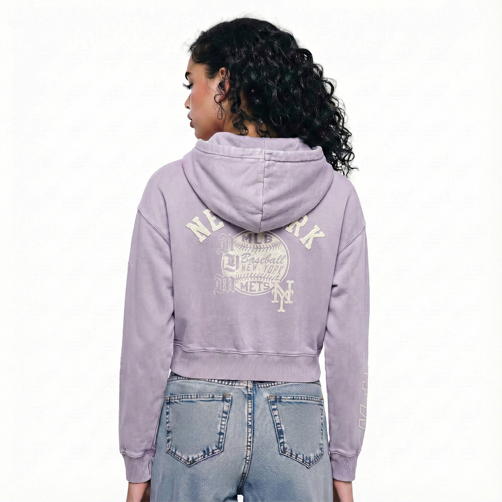 MLB NEW YORK METS STREET TEAM WOMEN'S ENZYME WASH FT CROPPED PO HOODIE (WASHED LILAC GRAY)