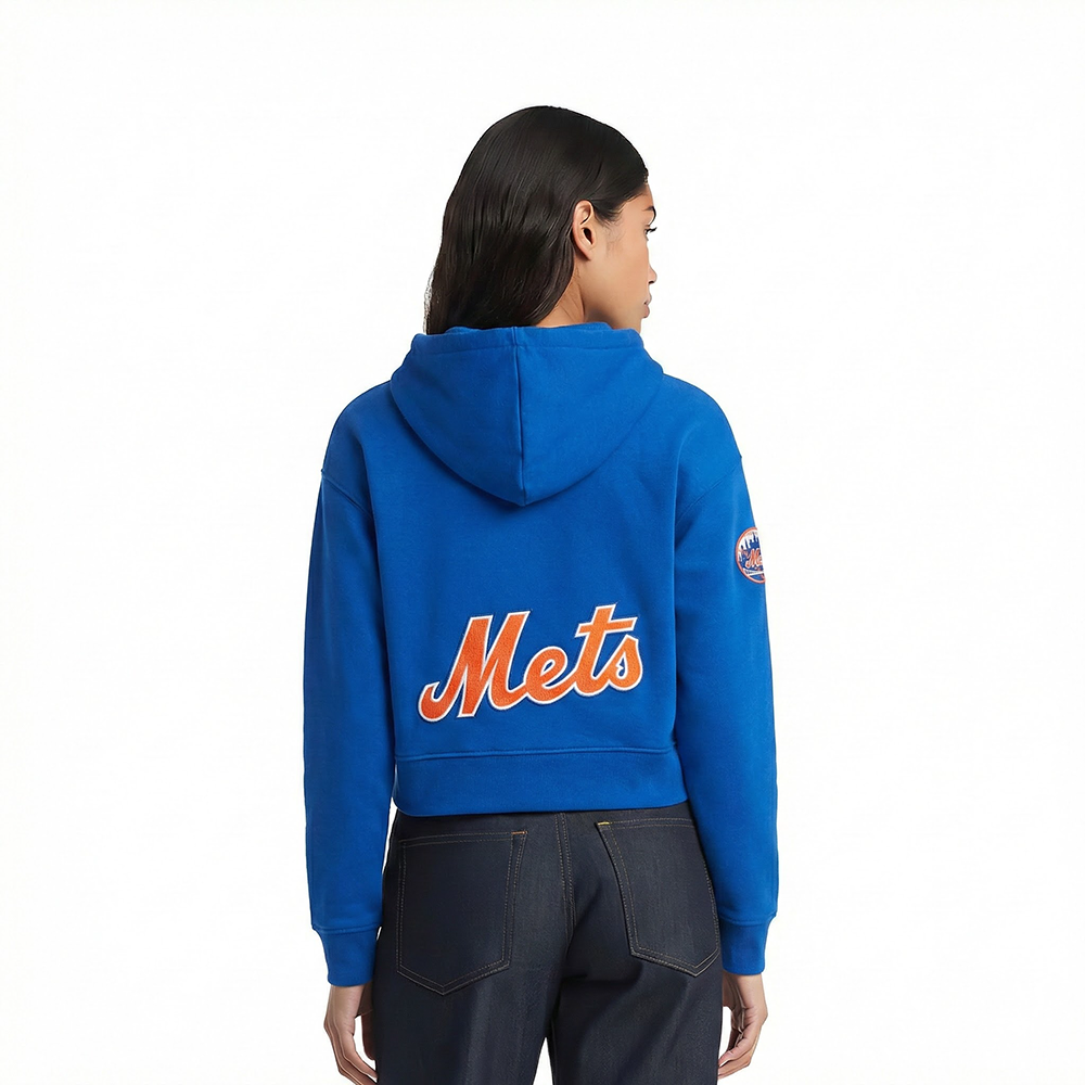 MLB NEW YORK METS CLASSIC CHENILLE CHANDAIL À CAPUCHON COURT EN MOLLETON POUR FEMME (BLEU ROYAL)