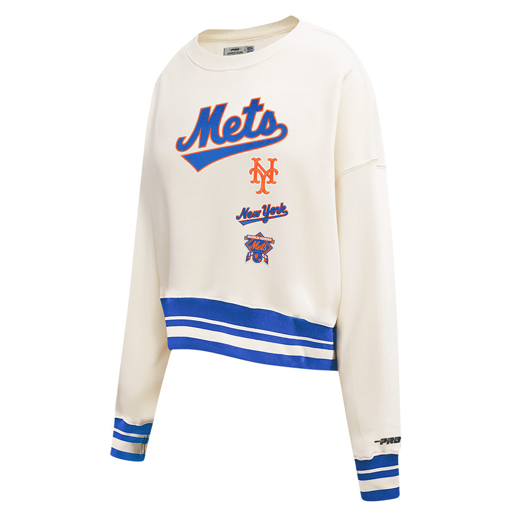 MLB NEW YORK METS RETRO CLASSIC CHANDAIL À COL ROND EN MOLLETON CÔTELÉ POUR FEMME (COQUILLE D'ŒUF/BLEU ROYAL)