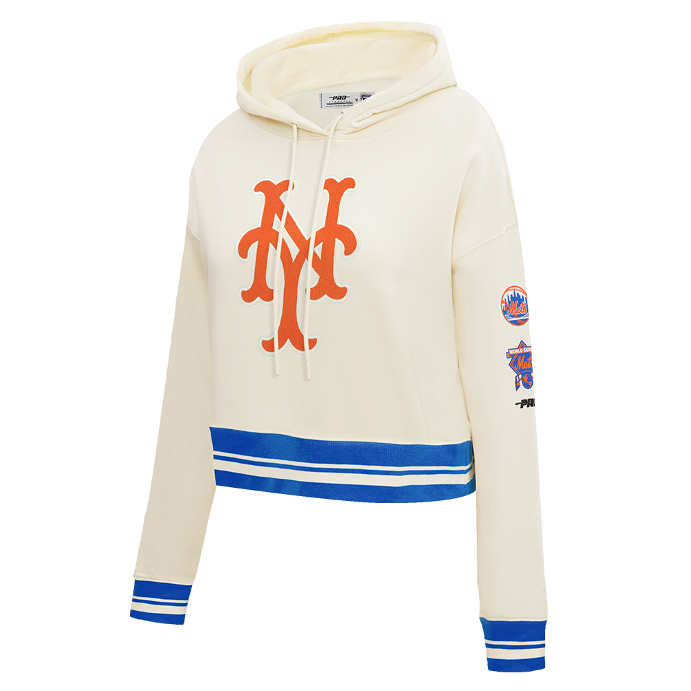 MLB NEW YORK METS RETRO CLASSIC CHANDAIL À CAPUCHON COURT EN MOLLETON CÔTELÉ POUR FEMME (COQUILLE D'ŒUF/BLEU ROYAL)