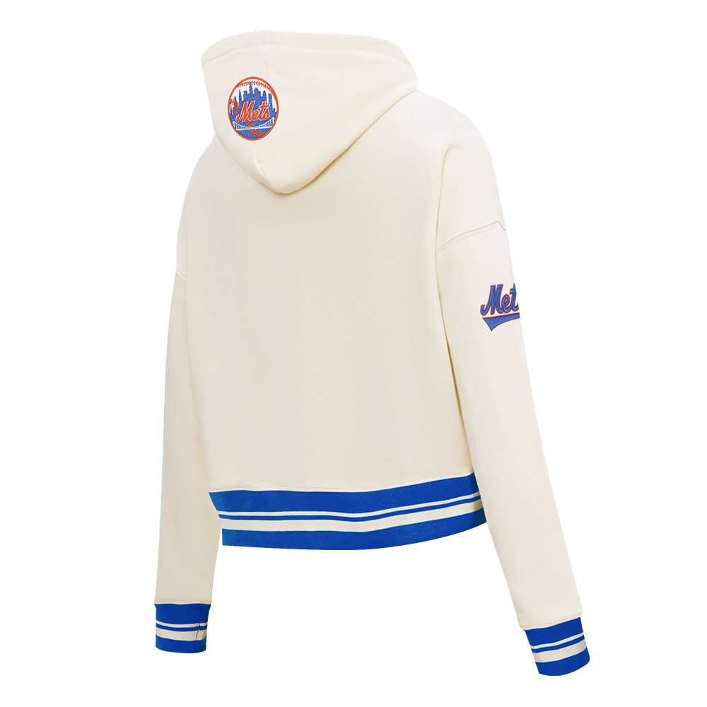 MLB NEW YORK METS RETRO CLASSIC CHANDAIL À CAPUCHON COURT EN MOLLETON CÔTELÉ POUR FEMME (COQUILLE D'ŒUF/BLEU ROYAL)