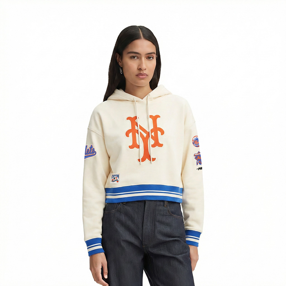 MLB NEW YORK METS RETRO CLASSIC CHANDAIL À CAPUCHON COURT EN MOLLETON CÔTELÉ POUR FEMME (COQUILLE D'ŒUF/BLEU ROYAL)