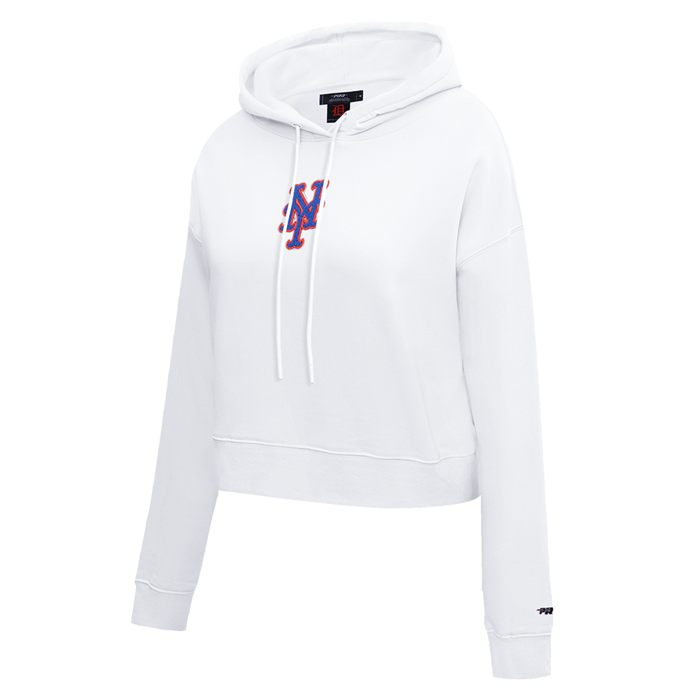 MLB NEW YORK METS CLASSIC WOMEN'S FLEECE CROPPED PULLOVER HOODIE (WHITE)