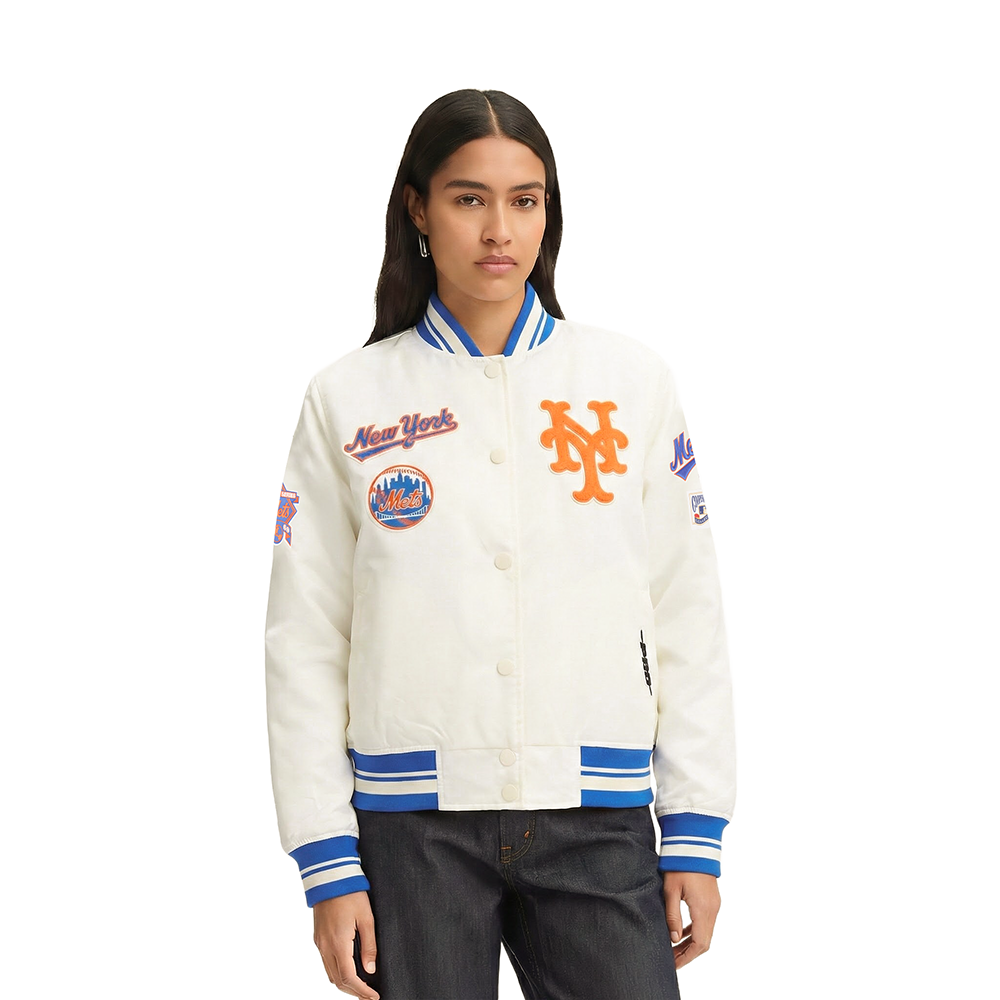 MLB NEW YORK METS RETRO CLASSIC WOMEN'S RIB SATIN JACKET (EGGSHELL/ ROYAL BLUE)