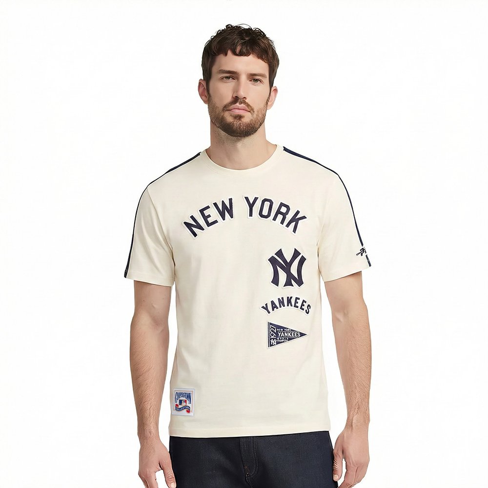 MLB NEW YORK YANKEES RETRO CLASSICS HAUT EN JERSEY SIMPLE À BANDES POUR HOMME (COQUILLE D'ŒUF/MARINE MINUIT)