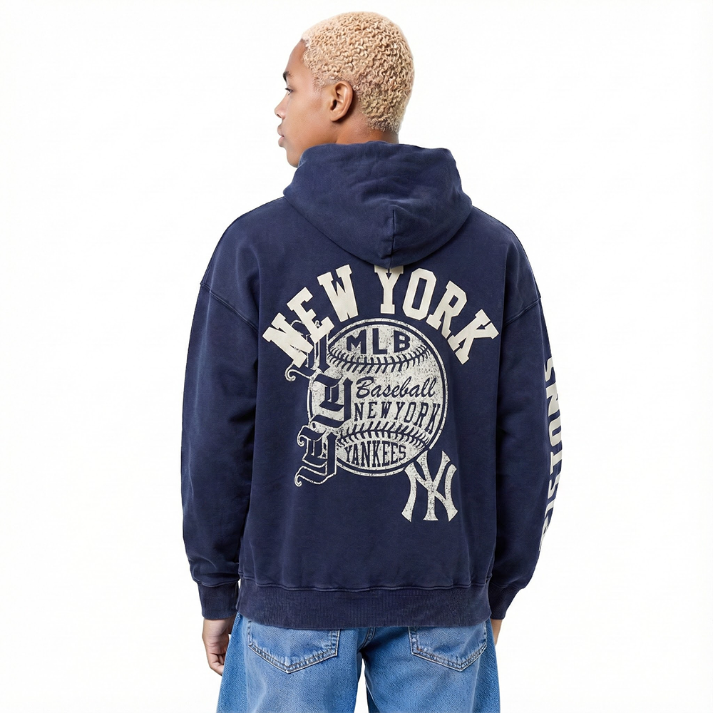 MLB NEW YORK YANKEES STREET TEAM MEN'S ENZYME WASH DS FT PO HOODIE (WASHED MIDNIGHT NAVY)