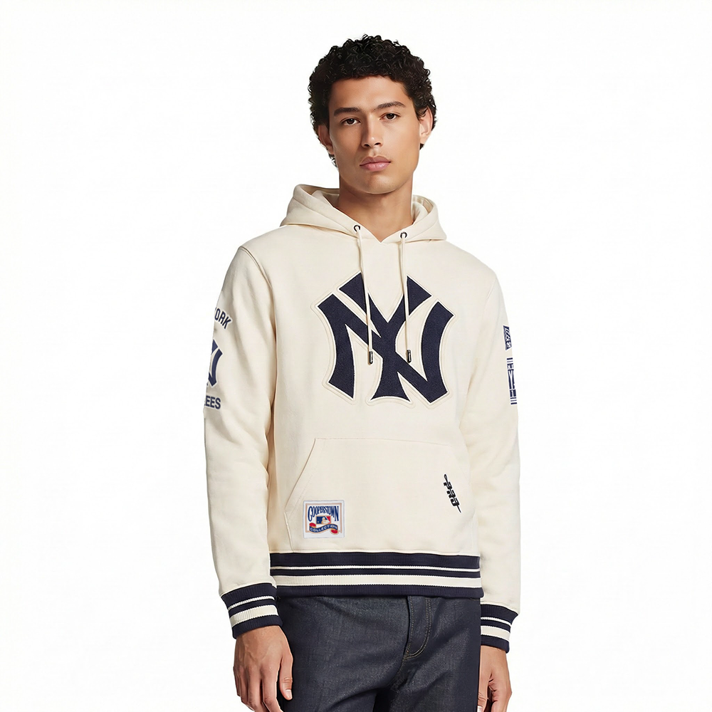 MLB NEW YORK YANKEES RETRO CLASSICS MEN'S RIB FLC PO HOODIE (EGGSHELL/ MIDNIGHT NAVY)