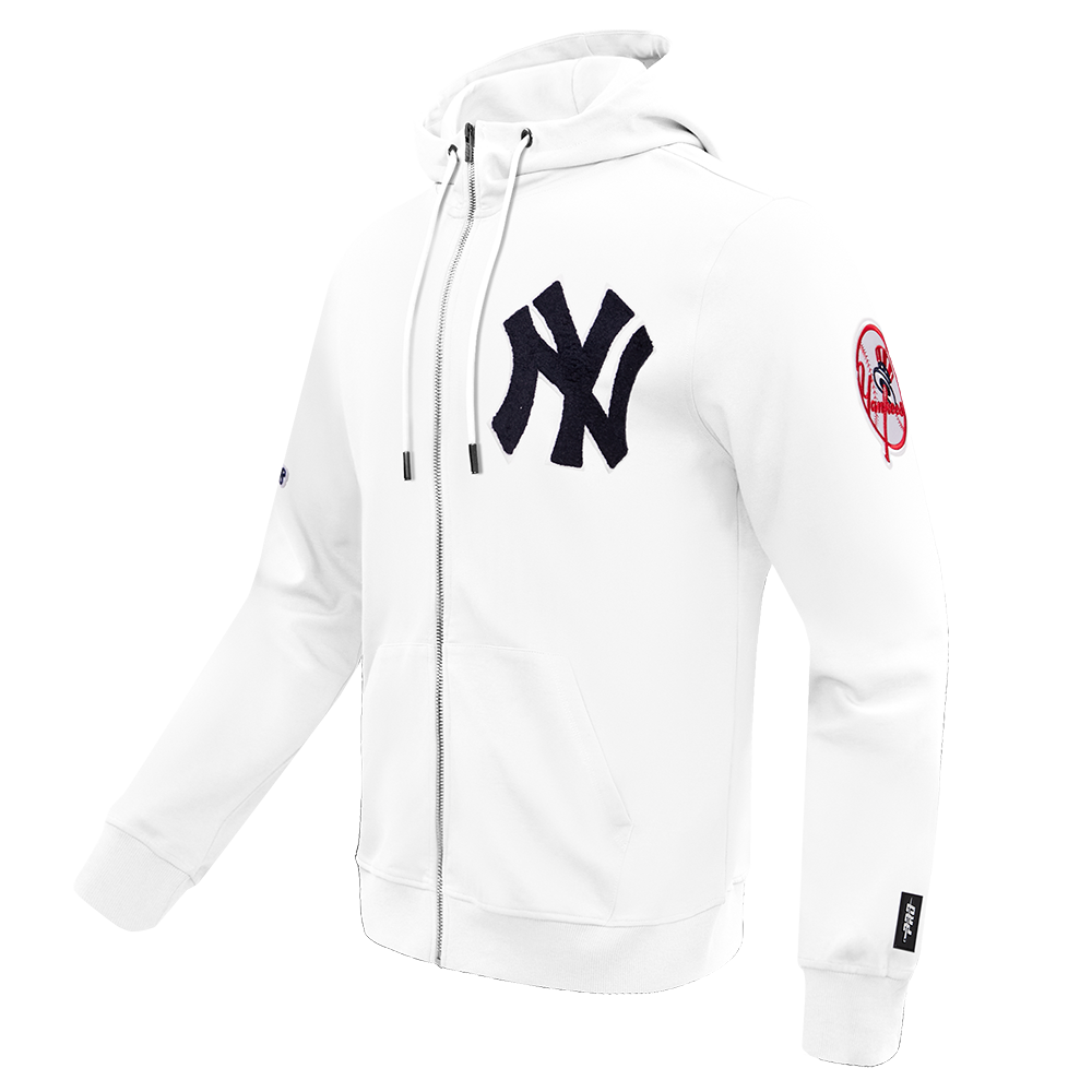 MLB NEW YORK YANKEES CLASSIC CHENILLE MEN'S FULL ZIP PULLOVER HOODIE (WHITE)