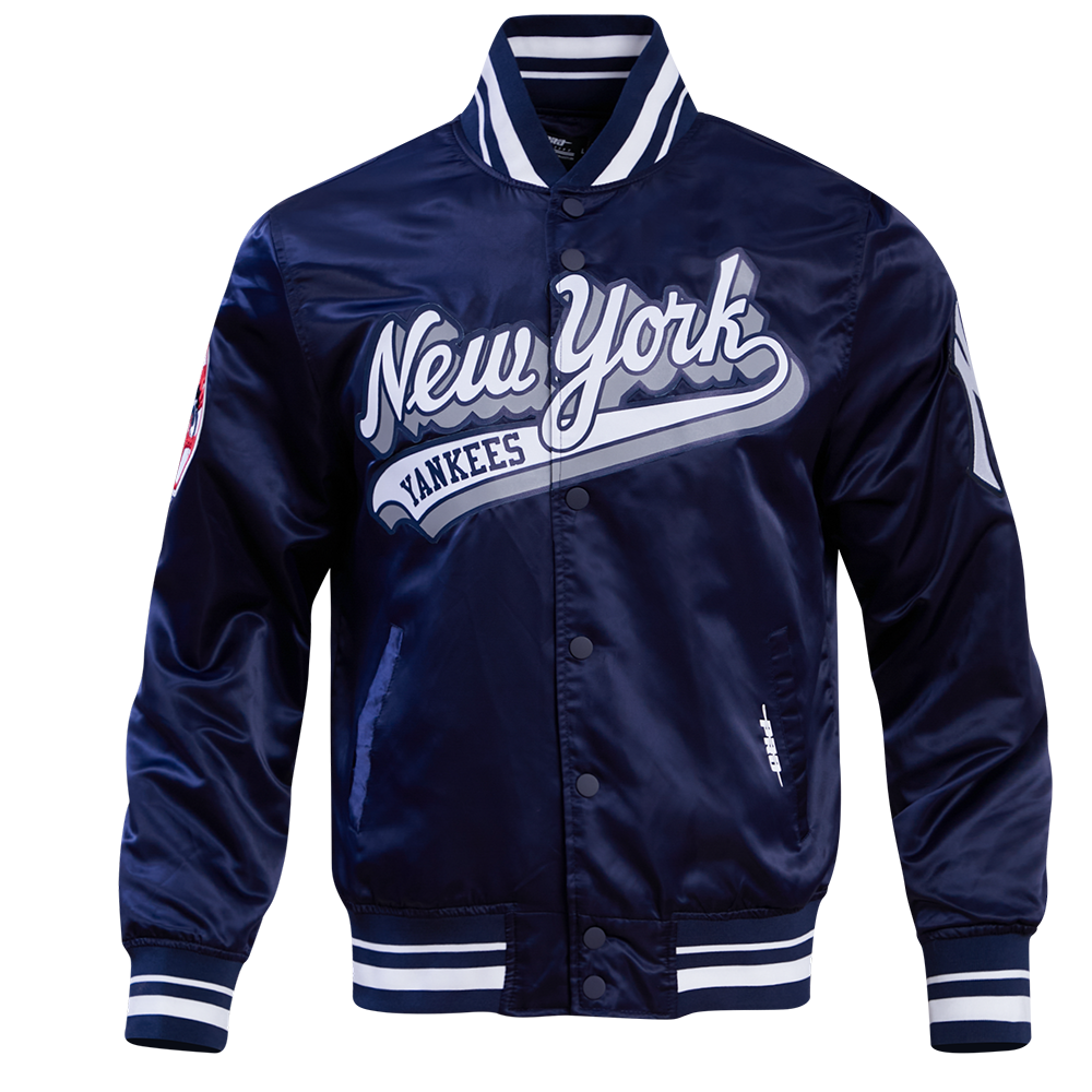 MLB NEW YORK YANKEES SCRIPT TAIL BLOUSON EN SATIN À BORDS CÔTELÉS POUR HOMME (MARINE MINUIT)