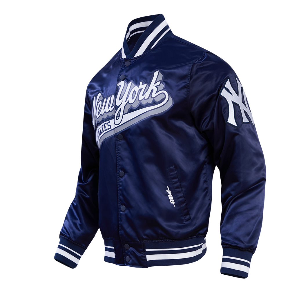 MLB NEW YORK YANKEES SCRIPT TAIL BLOUSON EN SATIN À BORDS CÔTELÉS POUR HOMME (MARINE MINUIT)
