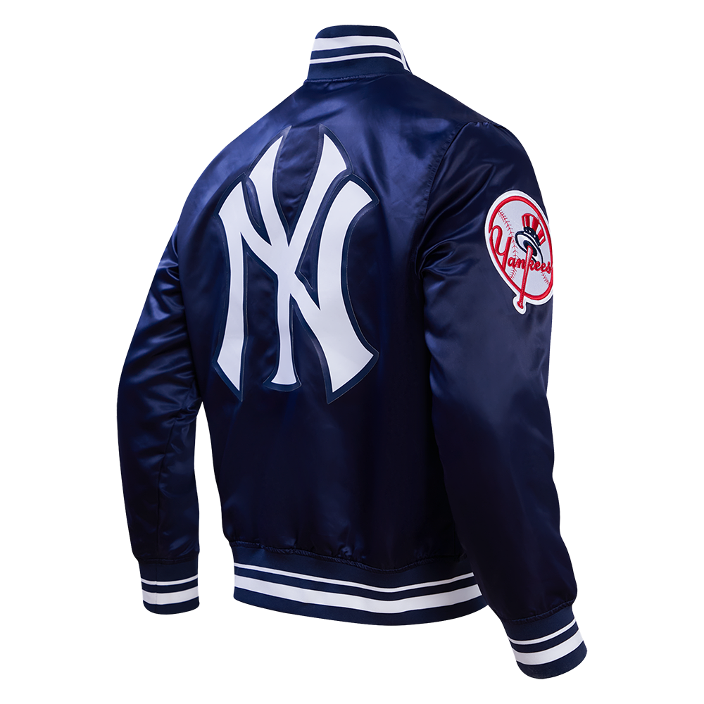 MLB NEW YORK YANKEES SCRIPT TAIL BLOUSON EN SATIN À BORDS CÔTELÉS POUR HOMME (MARINE MINUIT)