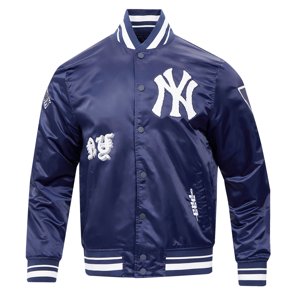 MLB NEW YORK YANKEES OLD ENGLISH MEN'S RIB SATIN JACKET (MIDNIGHT NAVY)