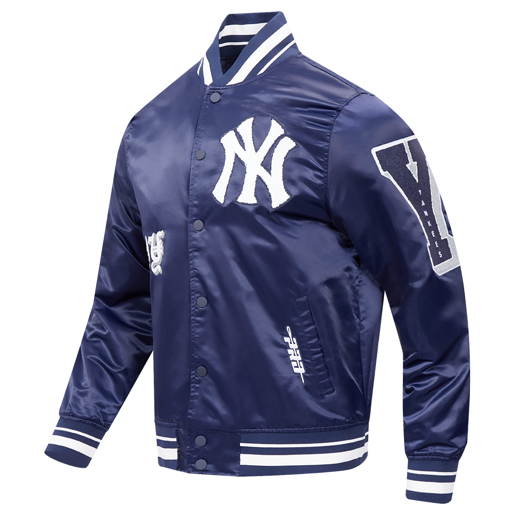 MLB NEW YORK YANKEES OLD ENGLISH MEN'S RIB SATIN JACKET (MIDNIGHT NAVY)