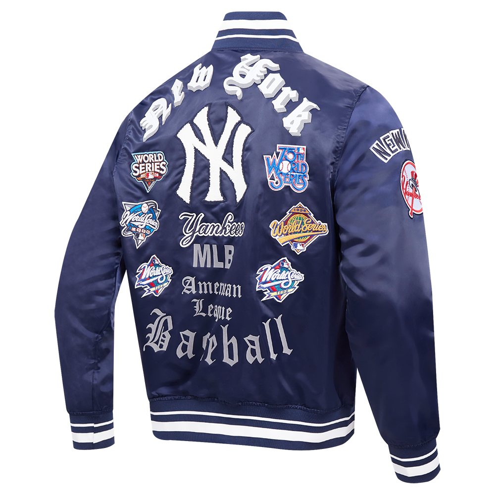 MLB NEW YORK YANKEES OLD ENGLISH MEN'S RIB SATIN JACKET (MIDNIGHT NAVY)