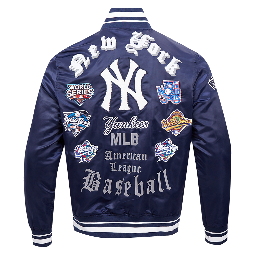 MLB NEW YORK YANKEES OLD ENGLISH MEN'S RIB SATIN JACKET (MIDNIGHT NAVY)