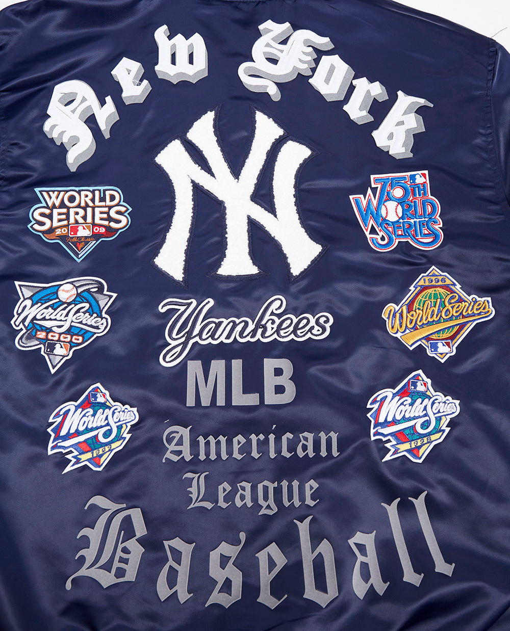 MLB NEW YORK YANKEES OLD ENGLISH MEN'S RIB SATIN JACKET (MIDNIGHT NAVY)