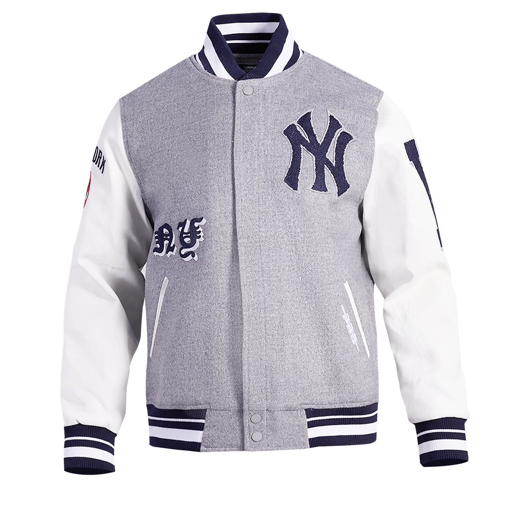 MLB NEW YORK YANKEES OLD ENGLISH BLOUSON COLLÉGIAL EN LAINE À BORDS CÔTELÉS POUR HOMME (GRIS CHINÉ/BLANC/MARINE MINUIT)